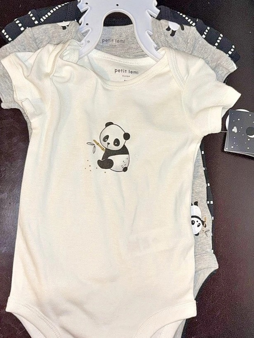 Petit Lem Panda 3-Pack Bodysuits White & Gray Baby 9M NWT
